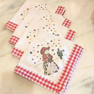 Vintage napkins with cowgirl , stars and red check edge set of 4